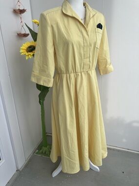 Vintage 80s Pastel Butter Yellow and Black 3/4 Length Sleeves Midi Shirtdress